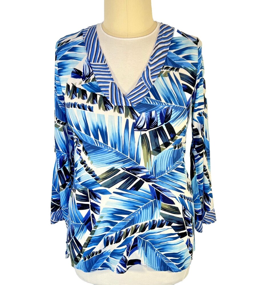 La Blanca Beach Coverup Tunic Women's L Blue White Tropical Floral Long Sleeve